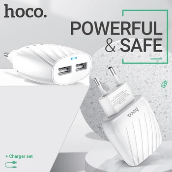 Hoco dual USB sieninis įkroviklis 2.4 kabelis nuo Žaibo Tipas-C Micro-USB kit ES plug dvigubai uosto krovimo adapteris indikatorius