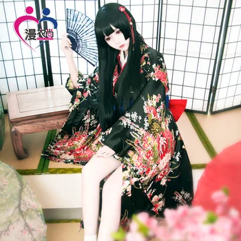 Jigoku Shoujo Enma Ai Tarnaitė Suknelė Kimono Yukata Vienodą Aprangą, Anime Cosplay Kostiumai, Kimono + Diržas + bowknot + lankstymo ventiliatorius