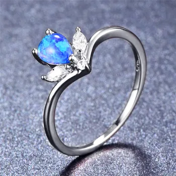 JUNXIN Mielas Moterų Karalienė Ašaros Žiedas Mados White/Blue Fire Opal Akmens Žiedas, Sidabro Spalvos Užpildyti Sužadėtuvių Žiedai Moterims