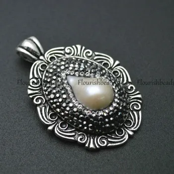 Juodos Kristalų ir Natūralus Baltas Perlas nustatymo Metalo Flower Tag Pakabukas bižuterijos