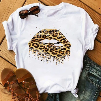 Juokinga Didelis Lūpų Leopardas Spausdinti Viršų Moteriška Marškinėlius Harajuku O-kaklo Streetwear Trišakiai Trumpi Drabužiai 2020 Mados moteriški marškinėliai