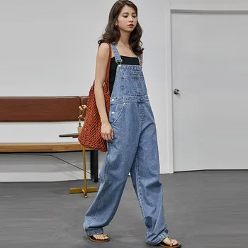 Korėjos Japonija stiliaus tiesus palaidi platus skyriuje džinsinis kombinezonas mokyklos Hip-Hop Streetwear atsitiktinis mielas, lieknas moteris, platus kojos kelnės
