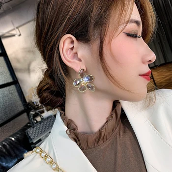 Korėjos naujo dizaino mados moterų papuošalai perdėtas didelis gėlių kristalų auskarai skaidraus stiklo šalis auskarai