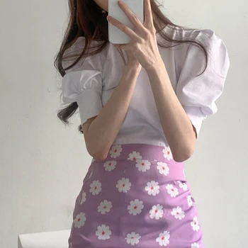 Korėjos Stiliaus, Elegantiškos Moterys 2vnt Nustatyti, Elegantiškas Juodas/Baltas Trumpas Sluoksniuotos Rankovėmis O-kaklo Mezgimo marškinėliai + Daisy Gėlių Undinė Midi Sijonas Naujas