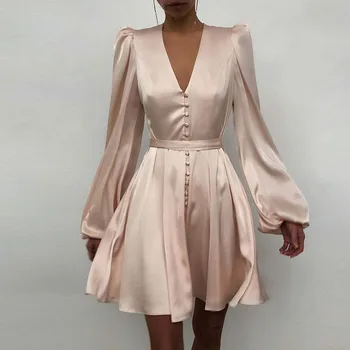 Mados Satino Kietas Ilgomis Rankovėmis Suknelė 2021 M. Pavasarį Elegantiškas Moteris Mygtuką-Line Mini Suknelė Atsitiktinis Palaidų V-Kaklo Šalis Suknelė Vestido