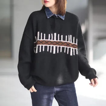 Max LuLu Korėjos Dizaineris 2020 M. Žiemos Ponios Derliaus Puloveriai Moteriški Džinsai Šilti Megztiniai Atsitiktinis Palaidų Spausdinti Streetwear
