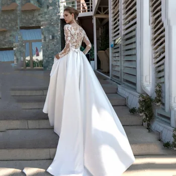 Minkšto Satino Aline Vestuvių Suknelė ilgomis Rankovėmis Nėrinių Appliques Derliaus Nuotakos Suknelė Su Diržo Princesė Vestuvių Suknelė plius dydis