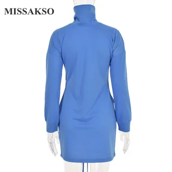 Missakso Moterų Golfo Mėlyna Suknelė Nėrinių Streetwear Elegantiškas Ilgomis Rankovėmis Mados Moteriška Šalis Rudenį, Žiemą Megztinius Mini Suknelė