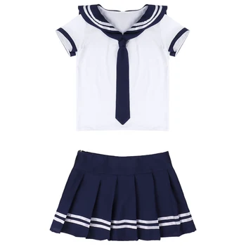 Moterys Mokyklos Mergaičių Anime Cosplay Kostiumų Studentų Sailor Uniformas trumpomis Rankovėmis T-shirt Viršūnes su Klostuotas Mini Sijonas ir Kaklo Kaklaraištis