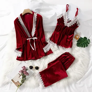 Moterų Veliūras 3PCS Pižama Kostiumas Sleepwear Chalatas Kimono Suknelė Minkštą Pižamą Homewear Rudens Žiemos Naujos Pižamos naktiniai drabužiai
