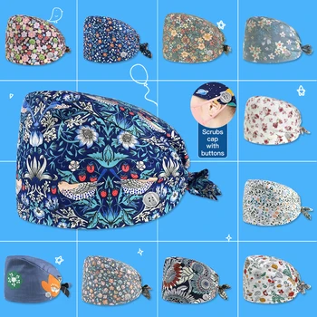 Naujas Unisex medvilnės krūmynai kepurės mygtukai Gėlių spausdinti aukščio Krūmynai kepurės reikmenys, grožio salonai, darbo kepurės laboratorija skrybėlę