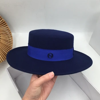 Panama, prancūzijos Zang mėlynos spalvos audinio, butas vilnos moterų Britų užimantys big Sir Kraštų skrybėlę banga atkurti senovės būdų, kaip fedoras