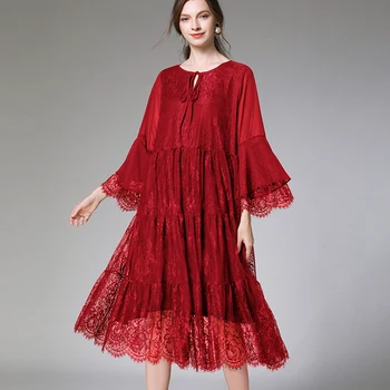 Plius dydis moterų pavasarį naują prarasti suknelės blyksnius šifono rankovės kratinys nėrinių suknelė Didelio dydžio ponios 