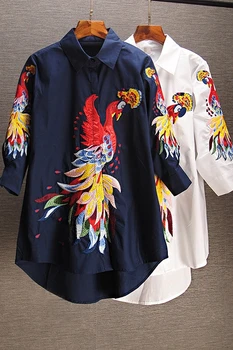 Pluz Dydis Mados Moterų Marškiniai Trijų ketvirčių Rankovėmis Medvilnės Laukinių Atsitiktinis Ponios Palaidinės ir Kinijos Viršūnių Stiliaus Atvartas Išsiuvinėti
