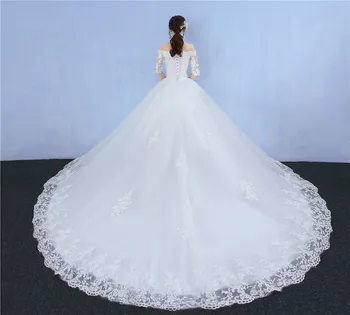 Prabanga siuvinėjimo nuotakos suknelė off peties santuokos jubiliejų, vestuvių suknelė nėrinių vestuvių suknelės su traukiniu