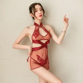 Seksualus Kinijos Gėlių Siuvinėjimas Suknelė Vintage Sagtimi Atidaryti Krūtinės Cheongsam Babydoll Suknelė Žakardo Tinklo Akies Pusės Split Suknelės
