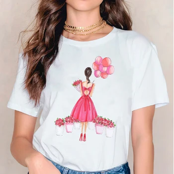 T-marškinėliai T Marškinėliai Moterims Animacinių filmų Gėlių Mergina, Meilės Trumpas Rankovės 90-ųjų Moterų Grafinis Viršuje Ponios Spausdinti Lady Moterų Tee Marškinėliai