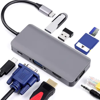 USB C Hub 9 1 C Tipas SD/TF Kortelių Skaitytuvą, VGA, RJ45 3.5 mm audio USB 3.0 HUB Adapteris, skirtas MacBook Air Pro 