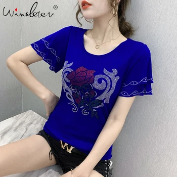 Vasaros korėjiečių Drabužius T-shirt Mados Deimantų Rose Moterims Topai Ropa Mujer Trumpas Rankovės Raukiniai Seksualus Atgal Tees 2020 Juoda T06618