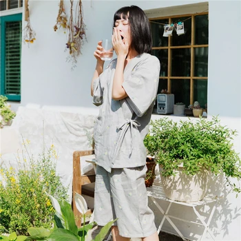Vasaros Medvilnės Japonijos Mados Daisy Spausdinti Sleepwear Nustatyti Moterų Mujer Kimono Azijos Trumpas Rankovės Sleepwear Drabužius, Komplektai, Naktiniai Marškiniai, Pižamos