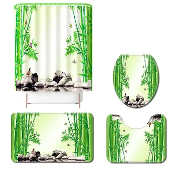 Vasaros Stiliaus Žalia Bambuko Modelis Vonios Kilimėlis ir Dušo Užuolaidų Komplektas Vonios kambarys Kilimų Mat Nustatyti, Tualetas, Vonios Kilimėlių Pėdų Kilimėlis