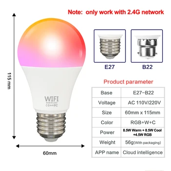 WiFi Smart Lemputės B22 E27 LED RGB Lempos Dirbti su Alexa/ 