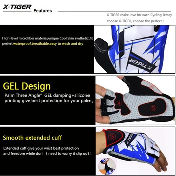 X-Tigras Aukštos Kokybės Šešiakampis 3D GELIS atsparus smūgiams Sporto Pirštinės Pusė Piršto MTB Dviratį Dviračių Pirštinės Pirštinės, Dviračių, Jojimo Pirštinės