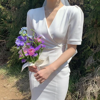 YAMDI derliaus elegantiškas 2020 naujas vasaros-line trumpas rankovės midi suknelė moterys šalis korėjos suknelės moteris vientisos baltos v kaklo vestido