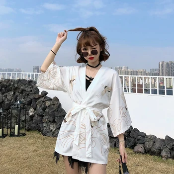 2020 Metų Vasaros Retro Japonijos Krano Kimono Megztinis Moteris Atsitiktinis Vasaros Paplūdimio Marškinėliai Moterų Chalatas Samurajus Kawaii Yukata Cosplay