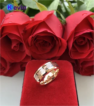 8MM Rose Gold Pavarų Žiedas Vyrai Moterų Volframo Vestuvių Juostoje Žiedas Su Rožių Aukso Pavarų varantys Juodos spalvos Anglies Pluošto Apdaila
