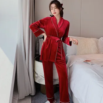 Aksomo Pižama Rinkinys Moterims Seksualus Pyjama ilgomis Rankovėmis Marškinėliai Kelnės Homewear Aukso Veliūras Diržo Sleepwear 2Piece/Set