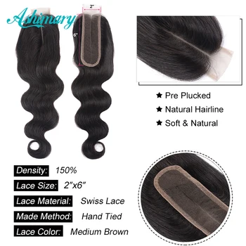 Ashimary Kūno Bangų Paketų su Uždarymo Remy Human Hair 3 Ryšulius su Uždarymo 2x6 Brazilijos Plaukų Pynimas Ryšulių Natūralių Spalvų