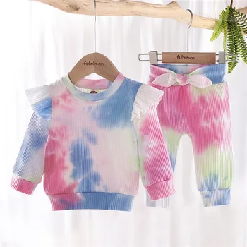 Bamblys Kūdikiams, Vaikams Baby Girl Kaklaraištis Dažų Drabužius Nustatyti 2020 m. Rudenį Rudenį Pynimas Long Sleeve T-marškinėliai, Kelnės, Komplektai, 2vnt Briaunoti Drabužiai