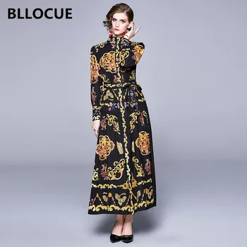 BLLOCUE Mados kilimo ir tūpimo Tako 2020 M. Pavasarį Maxi Suknelė Moterų Stovėti Apykakle ilgomis Rankovėmis Gėlių Spausdinti Single-Breasted Elegantiška, Ilga Suknelė