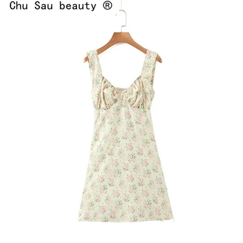 Chu Sau grožį Naują Atsitiktinis Prašmatnus Gėlių Spausdinti Stebėjimo Mini Suknelė Moterims Vasarą V-kaklo Lankas Rankovių Šifono Ponios Suknelės