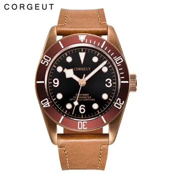 Corgeut 41mm Miyota 8215 Automatinė Vyro Mechaninis laikrodis atsparus Vandeniui Šviesos Rinkimo Žalvaris/Juodos Viršų Žiūrėti Oda