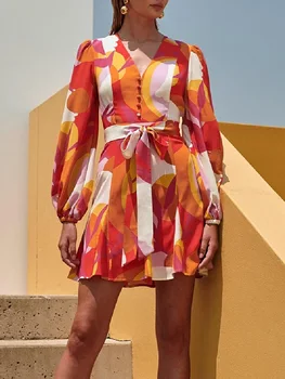 Didelis markės prarasti šifono spausdinti geometrinis modelis ponios plisuotos seksuali suknelė 2020New moterų drabužiai rudens ilgomis rankovėmis tutu sijonas XL