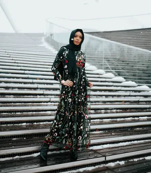 Dubajus Saldus Gėlių Musulmonų Suknelė Moterims Gėlių Siuvinėjimas Big Swing-line Ilga Suknelė Nėriniai-up Islamo Drabužių Maxi Hijab Suknelės