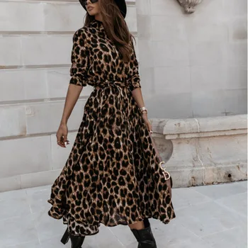 Elegantiškas Moteris ilgomis Rankovėmis, Leopardas spausdinimui Šalis Suknelė Office Lady Turn-žemyn Apykaklės Diržų Suknelė Rudenį Moterų Mygtuką Suknelė Vestidos