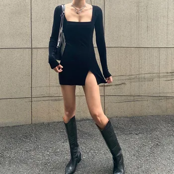 Fitshinling Gotikos Aksomo Pieštuku Suknelė Moterų 2020 M. Pavasarį Slim Seksuali Juoda Mini Suknelės Ponios Grunge Išskaidyti Karšto Vestidos Femme