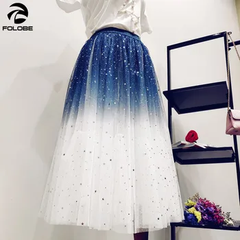 FOLOBE Aukštis juosmens sijonai Moterų Plisuotas sijonas 2020 metų Vasaros tinklelio Sujungimas Blizgančiais Žvaigždėtas dangus sijonas Ponios Galaxy Klostuotas sijonas