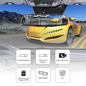 Full HD 1080P Automobilių Dvr Kamera Auto 4,3 Colių galinio vaizdo Veidrodis Skaitmeninis Vaizdo įrašymo įrenginys Dual Lens Registratory vaizdo Kamera