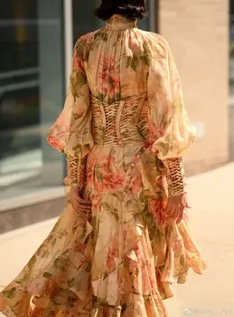 GetSpring Moterų Suknelė Ilgai Gėlių Spausdinti Šalis Suknelės Sluoksniuotos Rankovėmis Pynimas Vintage Suknelė Tvarstis Aukšto Juosmens Ilga Suknelė