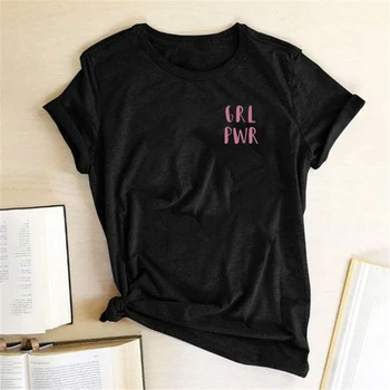GRL PWR Mergina Galia Krūtinės Ženklas Laiškas Spausdinti Feminizmo Moterys T-shirt Harajuku Tee Marškinėliai Femme trumpomis Rankovėmis Vasarą Looes Tees Viršūnės
