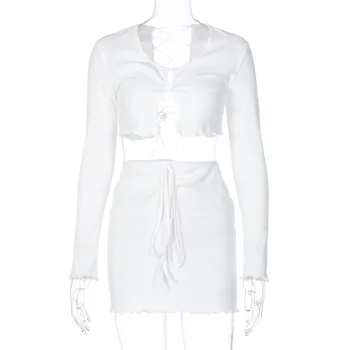 Hugcitar 2020 ilgomis rankovėmis tvarstis seksualus sijonas, 2 vnt. rinkinys rudens žiemos moterų mados streetwear tracksuit balta vaiskiai mielas nešioti