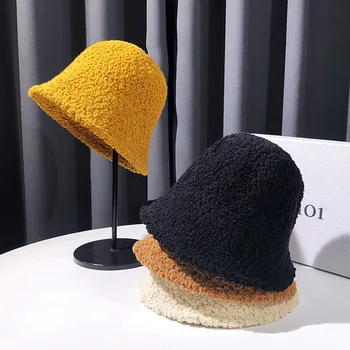 Japonų žvejys skrybėlę moterų nauja Teddy aksomo varpo formos baseino skrybėlę vientisos spalvos ėriukų vilnos šiltas laukinių platus kraštų kibiro kepurę