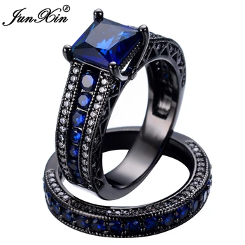 JUNXIN Geometrinis Mėlynas Žiedas Rinkiniai Juodojo Aukso Užpildytas Kristalų Papuošalai Senovinių Vestuvinių Žiedų Moterų Bague Femme Dovanos