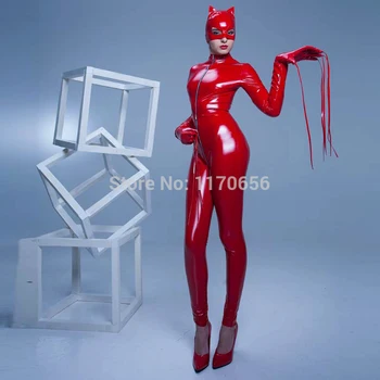 Karšto Pardavimo Catsuit 3PCS Bodysuit +Pirštinės +Kaukė Moterų Sexy Juoda Raudona Catwomen PVC Kostiumas Pole Dance Porno Latekso Bodysuit