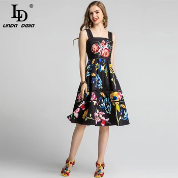 LD LINDA DELLA 2020 Mados kilimo ir tūpimo Tako Vasaros Suknelė Moterų Spageti Dirželis FlowerSequined Gėlių Spausdinti Atostogų Šalis Elegantiška Suknelė