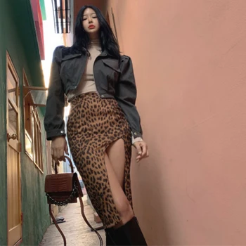 Lusofie Moterų Sijonas Plonas Aukštos Juosmens Apačia Padalinta Paketo Klubo Atsitiktinis Elegantiškas Leopard Kelio Ilgio Sijonas Moterims Vasaros Streetwear